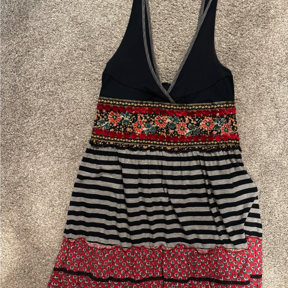 Free People Strapless Black Bodice Floral-Trim Striped Dress